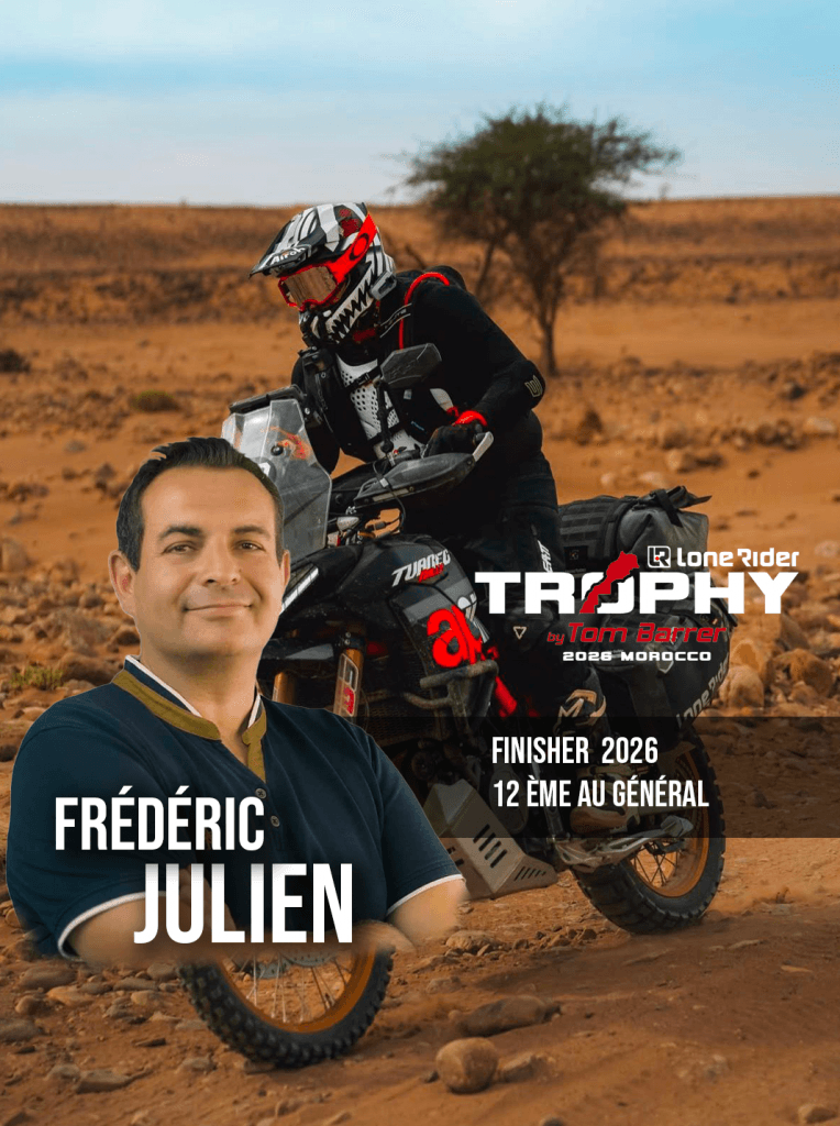 Frederick Julien finisher du Lone Rider Trophy 2026 au Maroc en moto trail lors d’une épreuve off-road dans le désert
